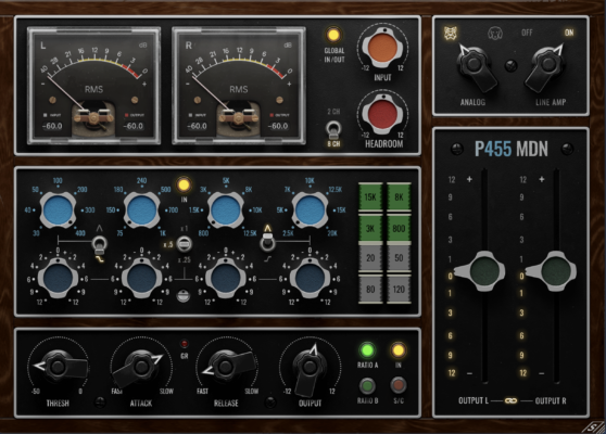 An audio plugin emulating an analog desk with volume fader, equalizer, compressor and VU meters.
