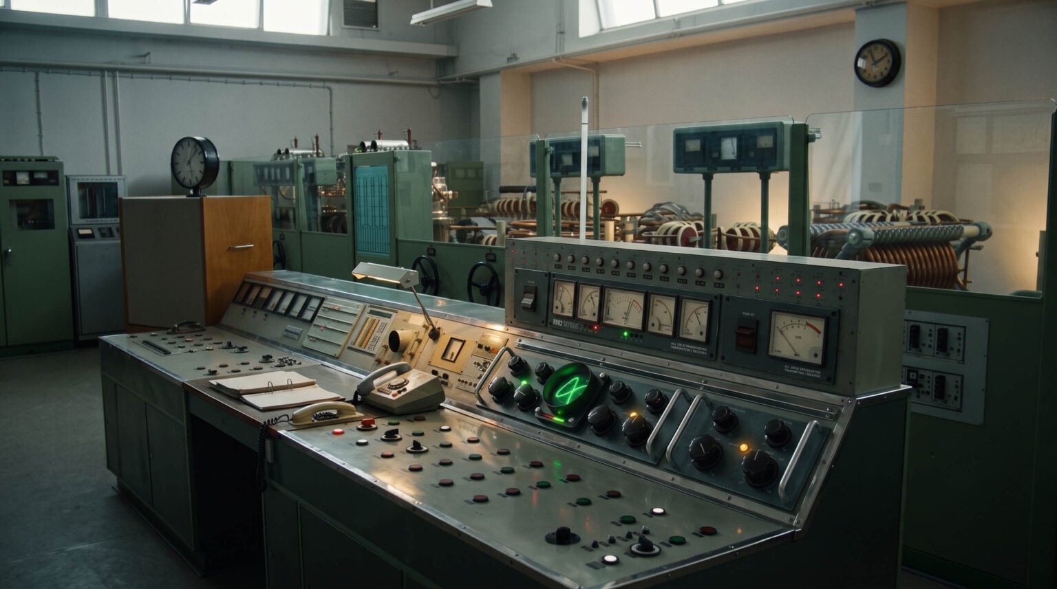 A broadcast transmitter hall of the 1930s: the operator’s console in front, the transmitter cabinets and coils behind a glass wall